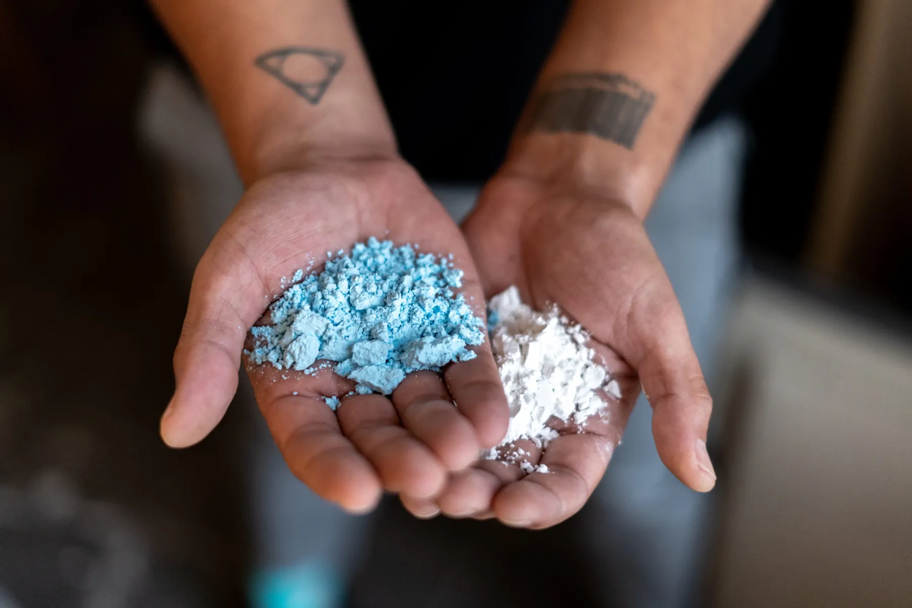 Two open hands holding blue and white pigment powder in the studio