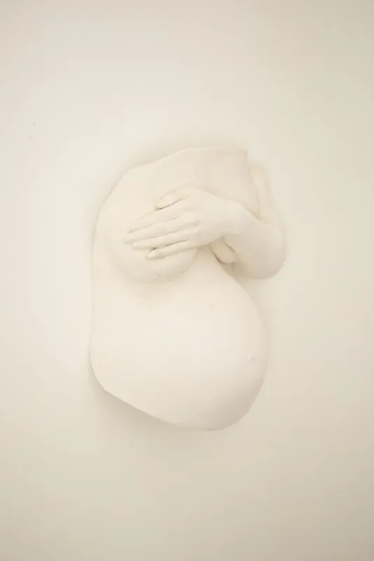 Plaster cast of a torso with hands resting on the belly, warm studio light